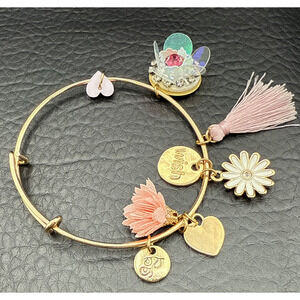 Plunder Charm Bracelet Pink Flower Heart Tassel Adjustable 6.5 - 7.5 in
